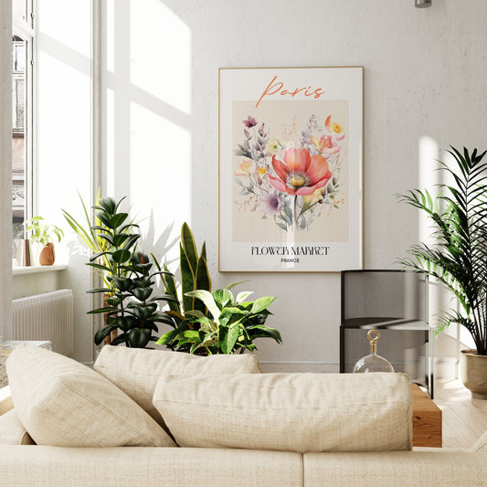Paris Flower Market France Design Poster I Geschenkidee I Wanddeko Wohnzimmer Küche I Skandinavisches Design I Deko Print ohne Rahmen