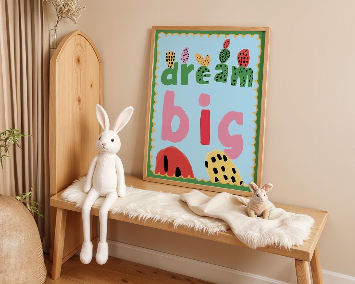 Poster Kinderzimmer · Dream Big Spruchposter · Motivierende Wanddeko in bunten Farben · Mut & Fantasie fürs Kinderzimmer · Ohne Rahmen