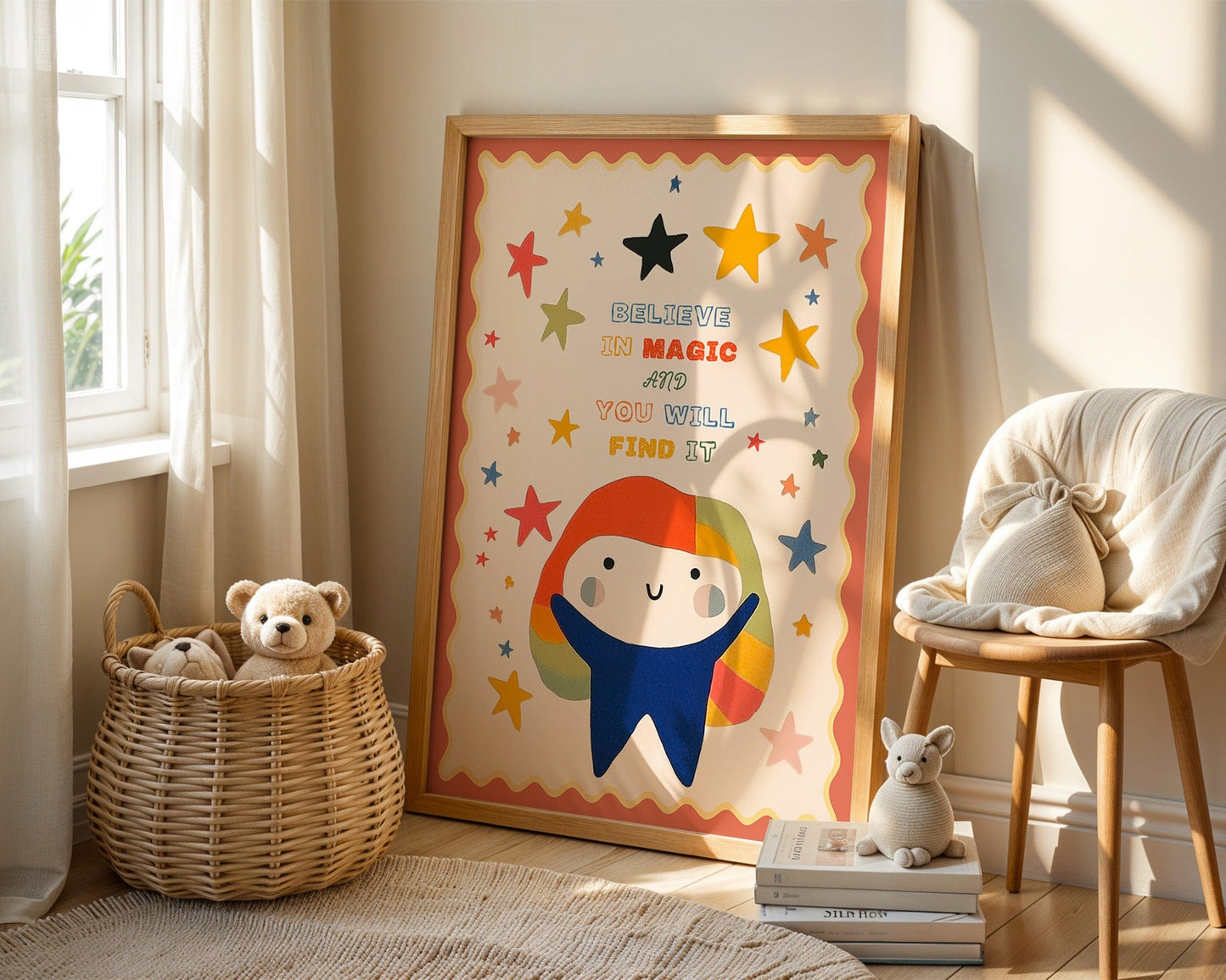 Poster Magie Kinderzimmer · Bunte Sterne & Spruch · Believe in Magic · Liebevoll & Farbenfroh · Geschenk für kleine Träumer · Ohne Rahmen