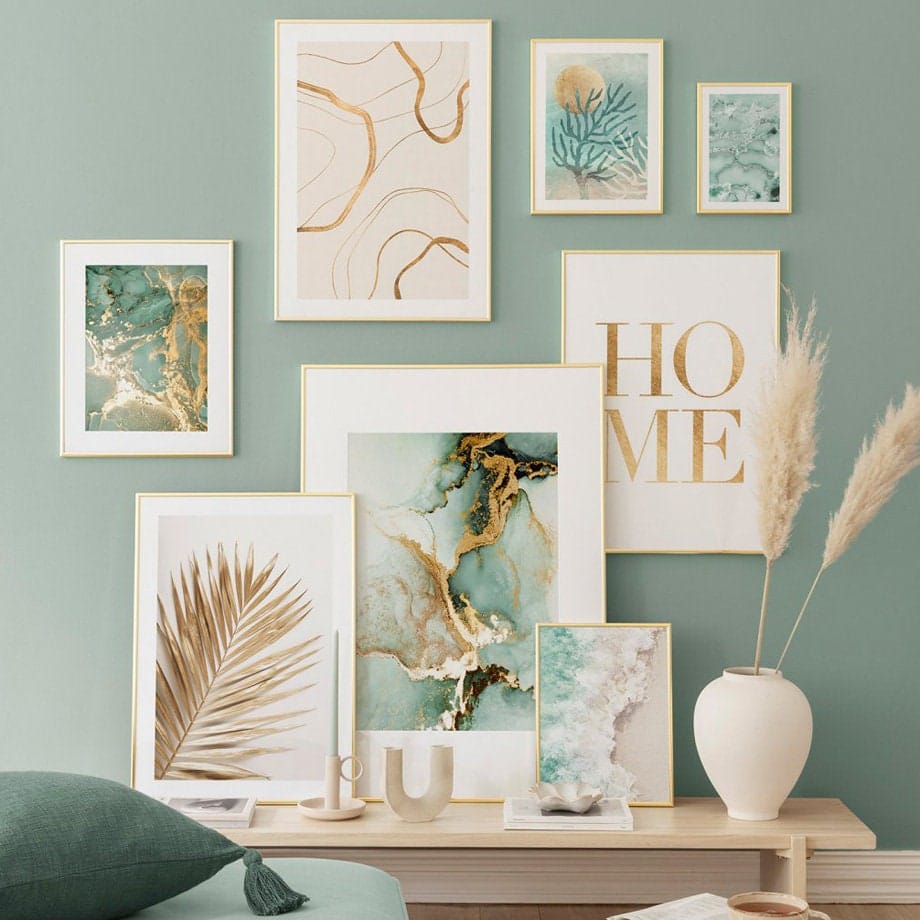 Poster Strand Wellen Zuhause Gold I Wandbilder Wohnzimmer & Schlafzimmer I  Deko Print Bilder I ohne Rahmen