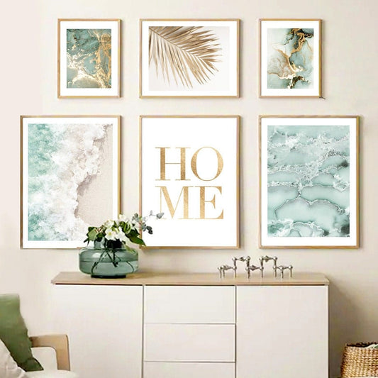 Poster Strand Wellen Zuhause Gold I Wandbilder Wohnzimmer & Schlafzimmer I  Deko Print Bilder I ohne Rahmen